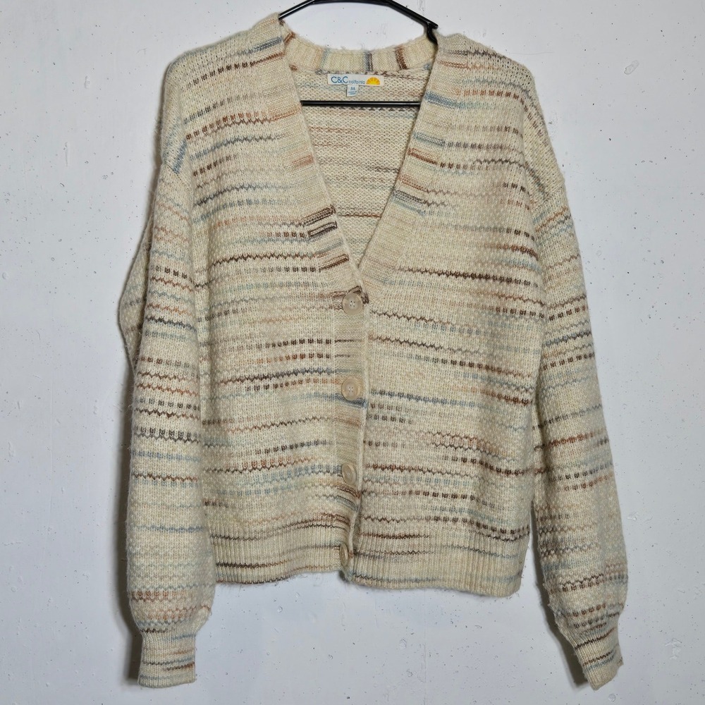C&C California Striped Button Cardigan Sweater Medium Knit Earthy Granola Boho